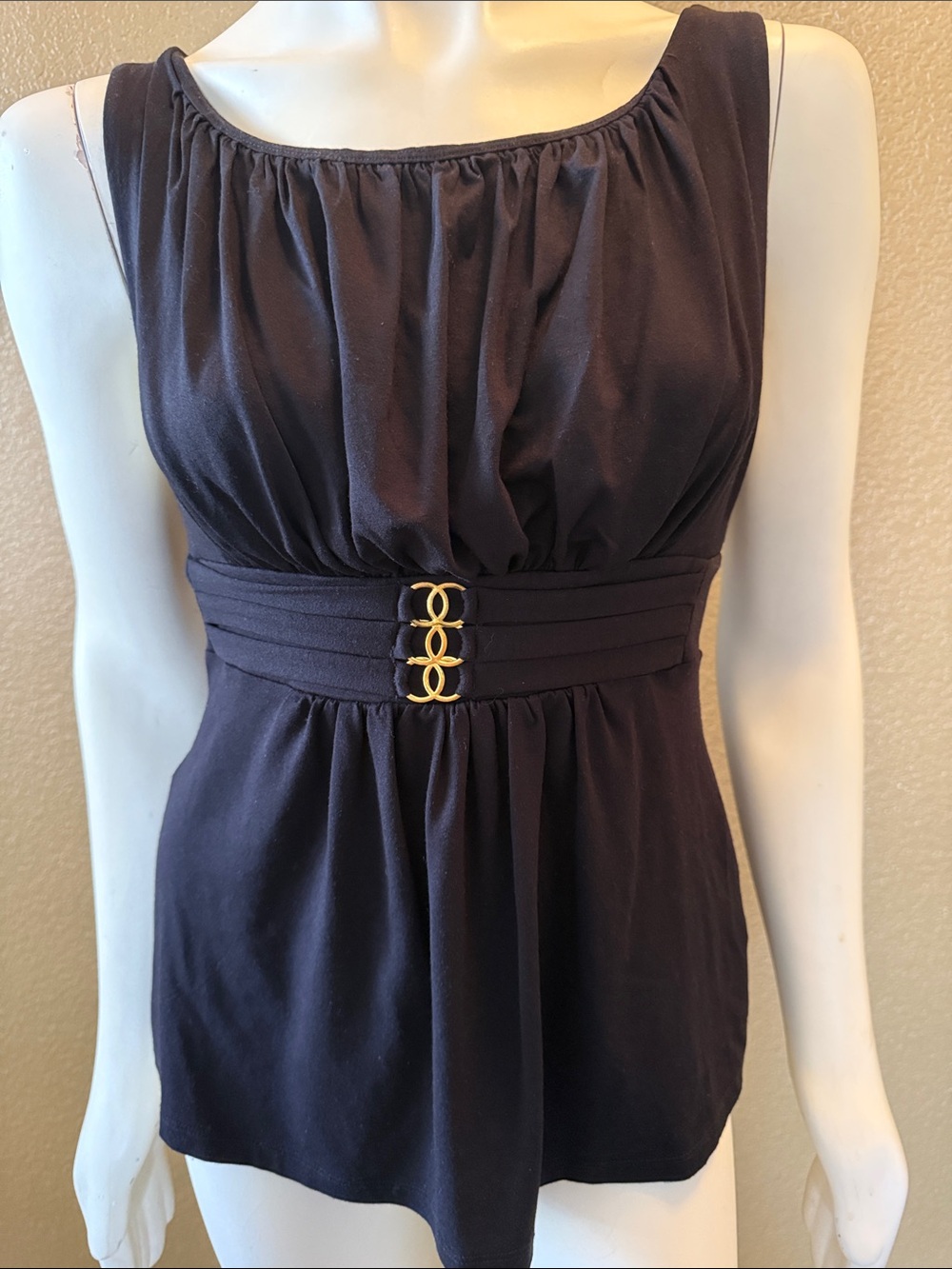 bebe Black Sleeveless Scoop Neck Blouse with Gold Accent